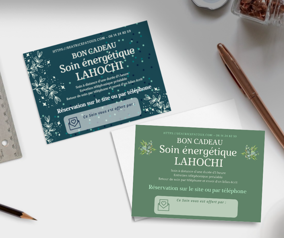 Cartes Cadeau proposées par Béatrice Fatoux - Soin énergétique Lahochi à offrir ou se faire offrir. 2 modèles au choix, verte fleurie ou bleu étoilée